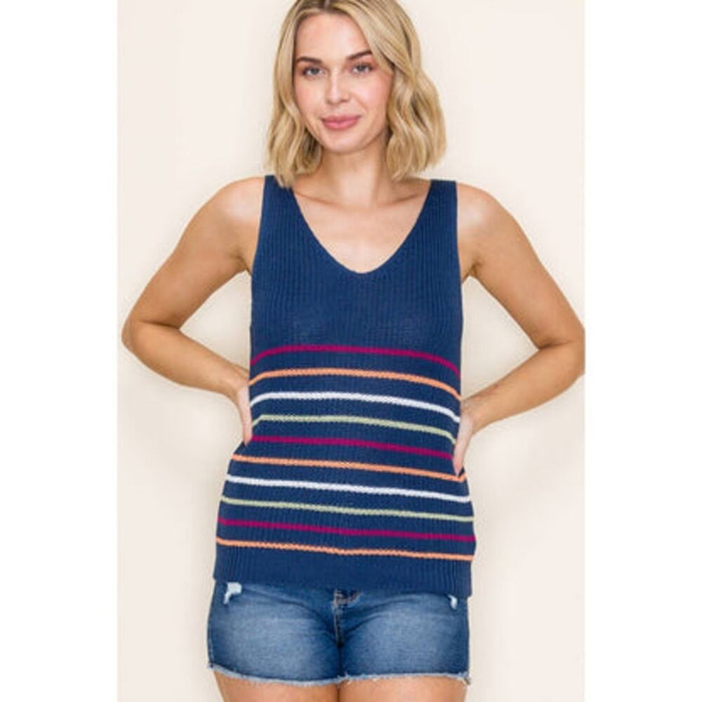 Unbranded Blue Striped Ribbed Knit Sleeveless Tank Top Women's